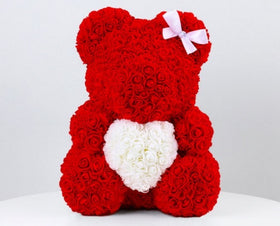 L’ourson de roses avec cœur 40cm Rouge