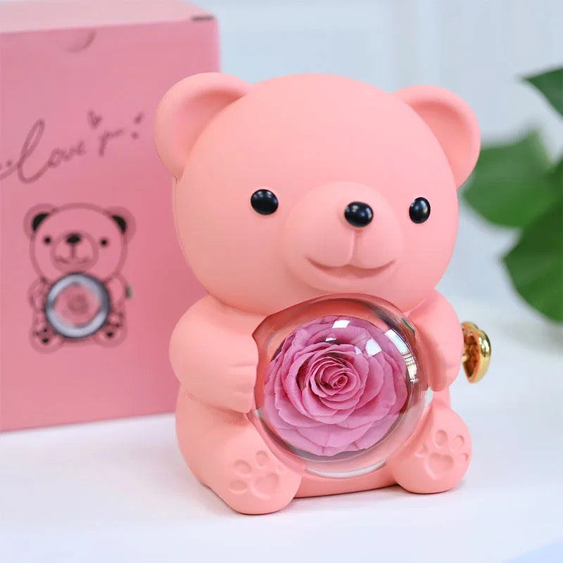 Nounours avec rose éternelle stabilisé avec bijoux