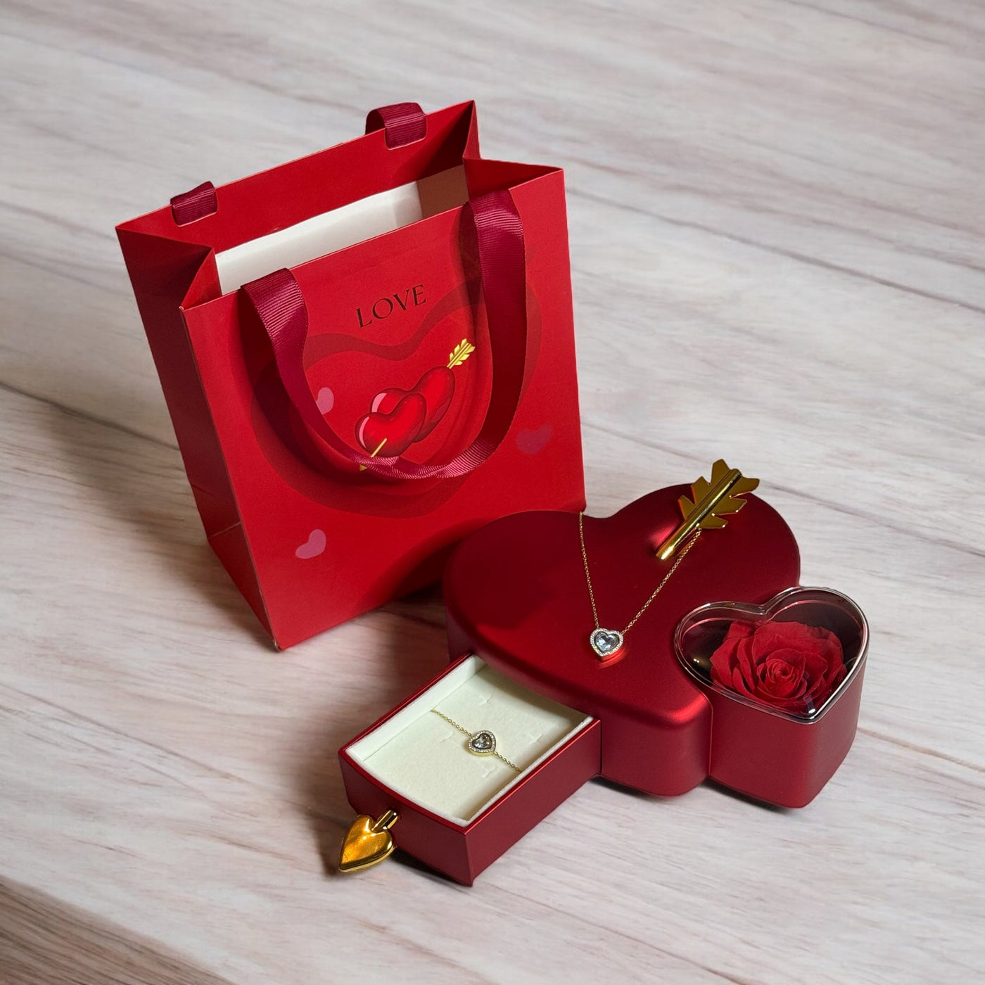 Coffret Cadeau Cœur « Amour Éternel » avec Bijoux et Rose