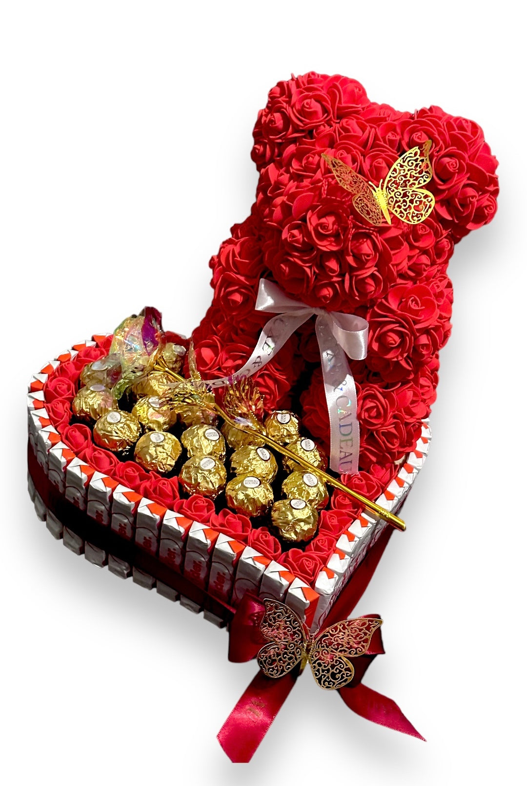 Chocolat box avec ourson en rose 25cm et golden rose 24k