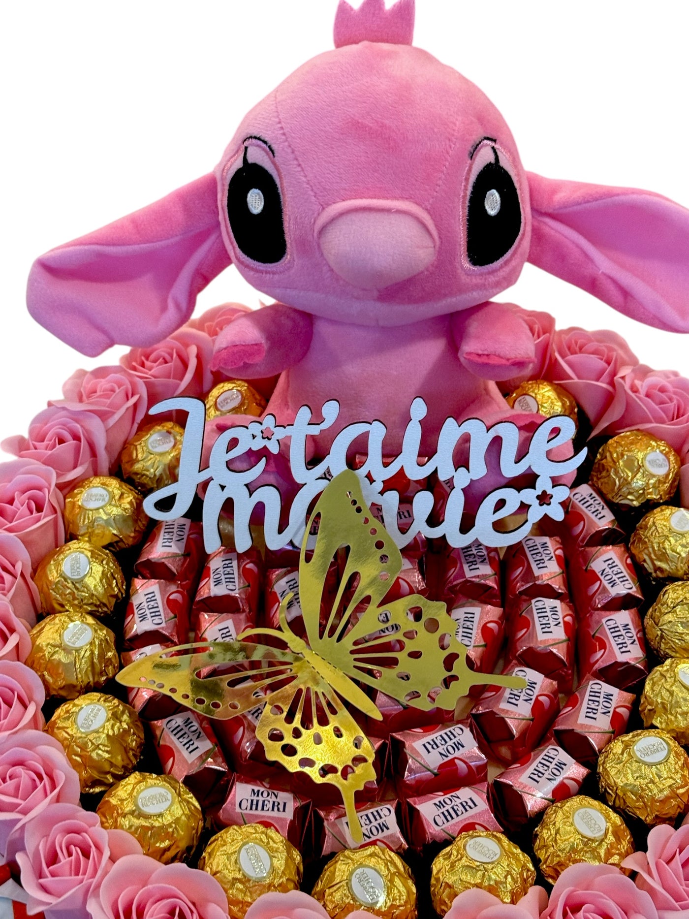 Coffret Angel + Ferrero rocher et mon chéri – Peluche Angel , Fleurs de Savon & Chocolats