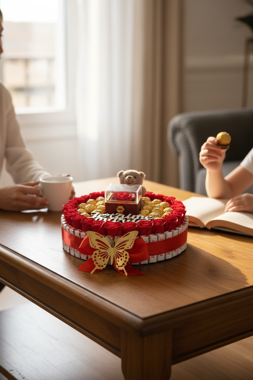 Bouquet Cadeau Premium «Je t’aime Ma vie » – Bijou 360°, Ourson, Chocolats & Fleurs Savonneuses