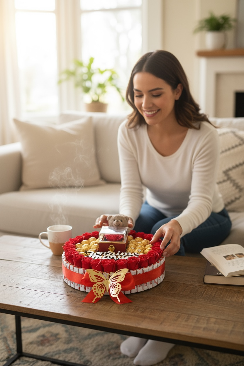 Bouquet Cadeau Premium «Je t’aime Ma vie » – Bijou 360°, Ourson, Chocolats & Fleurs Savonneuses