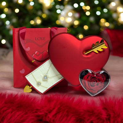 Coffret Cadeau Cœur « Amour Éternel » avec Bijoux et Rose