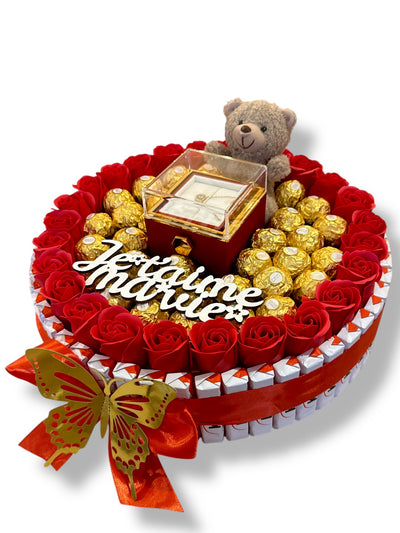 Bouquet Cadeau Premium «Je t’aime Ma vie » – Bijou 360°, Ourson, Chocolats & Fleurs Savonneuses
