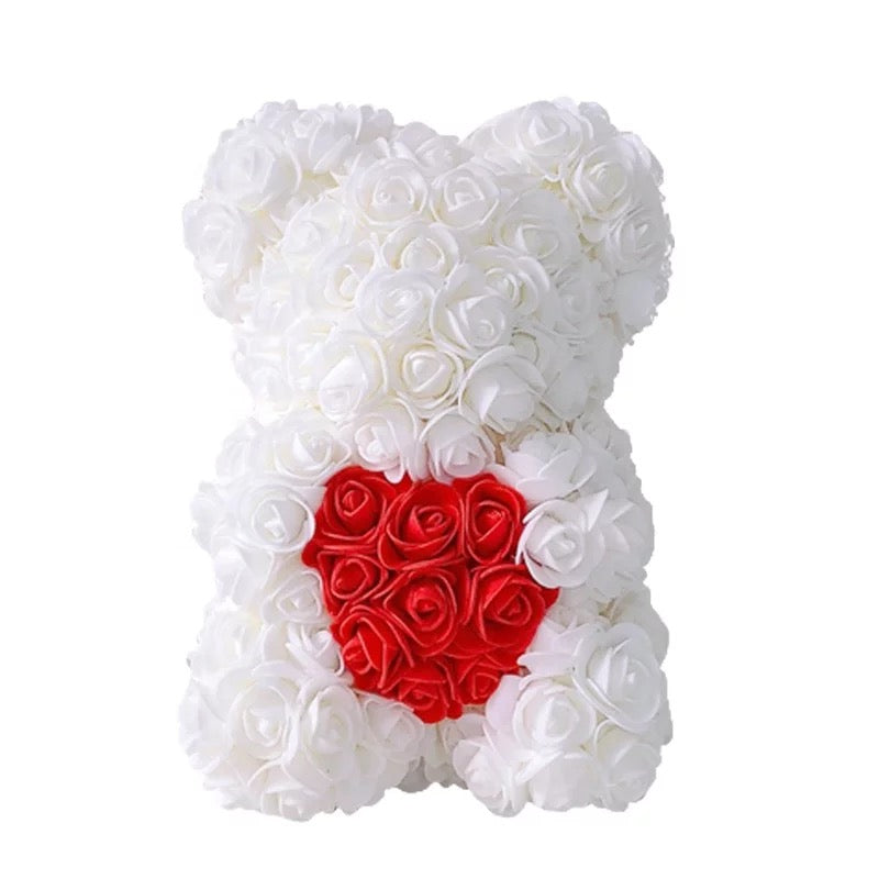 L’ourson de roses avec cœur 25 cm + Boîte 25 cm