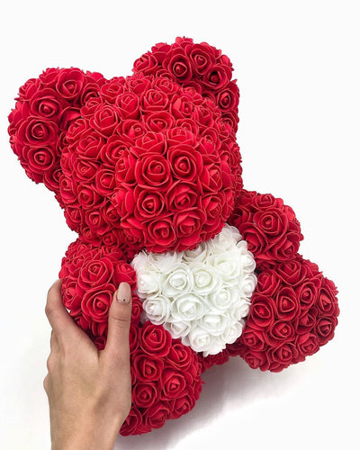 L’ourson de roses avec cœur 40cm Rouge