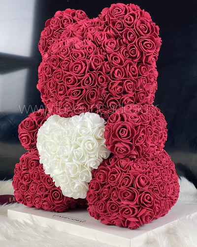 L'ourson de roses avec coeur  Bordeaux 40 cm