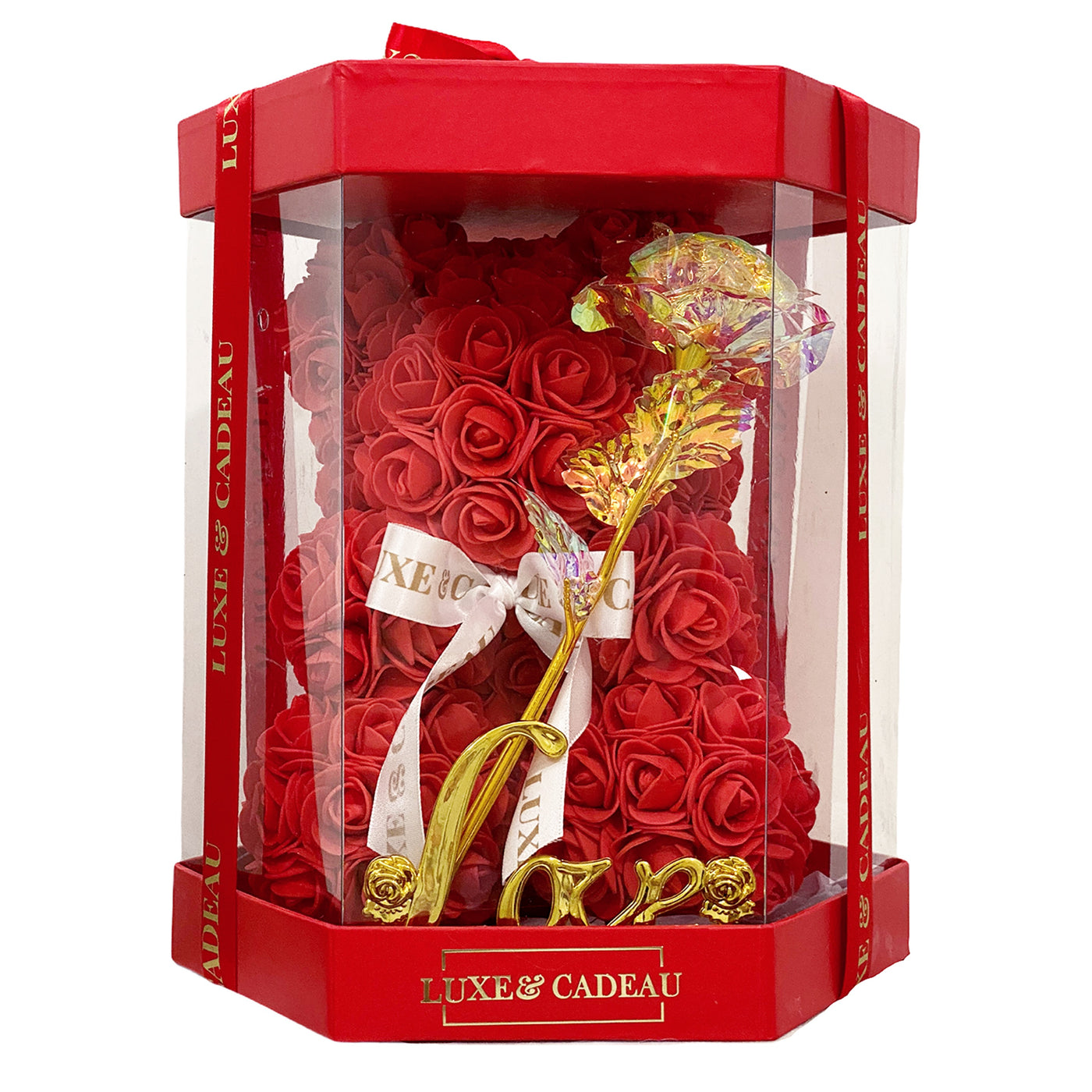 Ourson en rose 25cm avec boîte + golden rose 24k